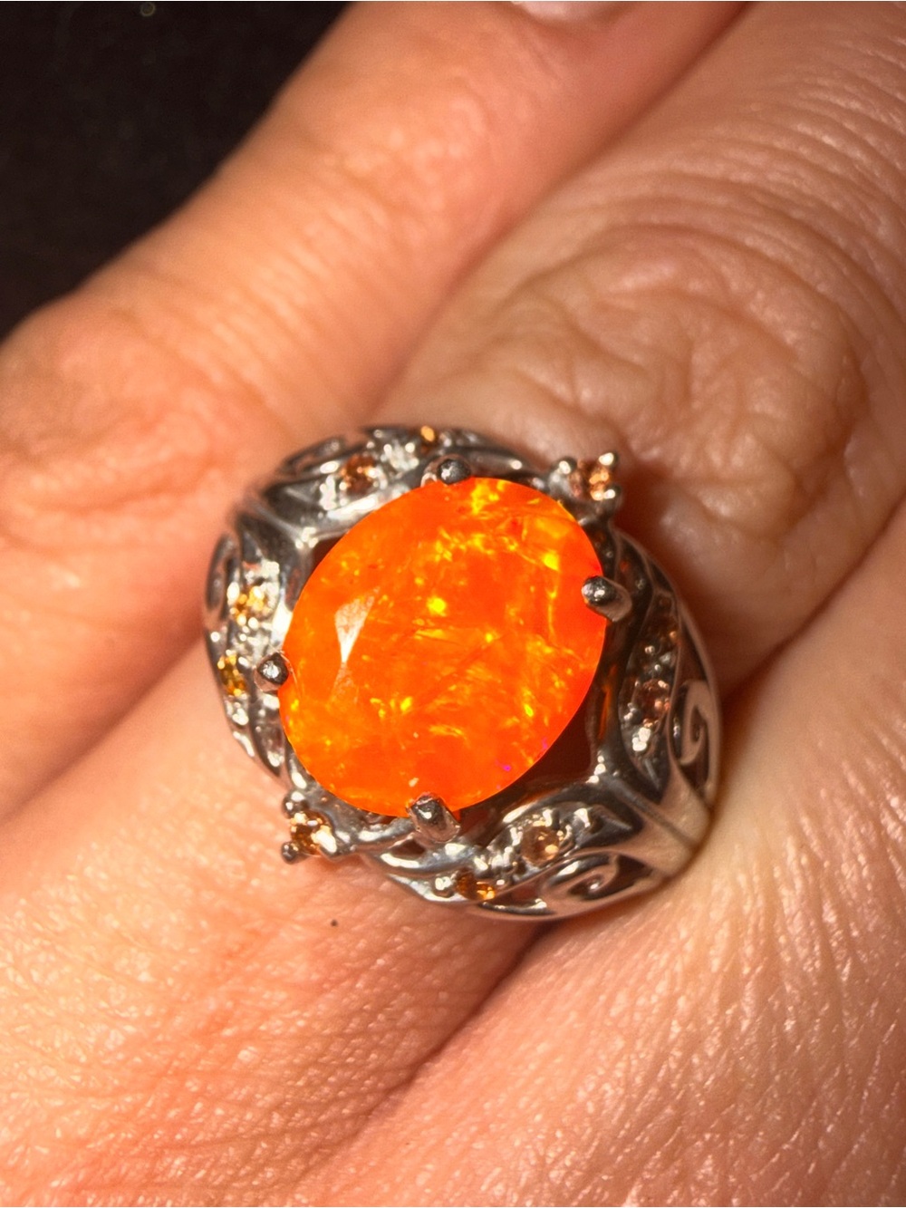 Oval Orange Fire Opal with Sapphire Ring Sz 7